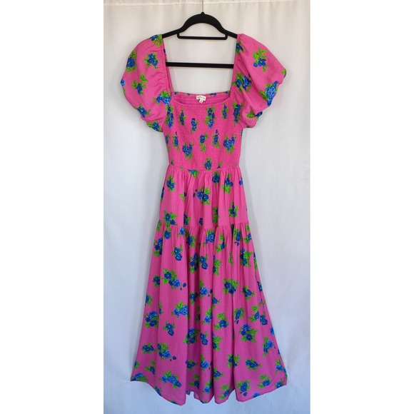 Moon River Pink Floral Smocked Maxi Dress Puff Sleeve Cutout Back Small - Picture 2 of 8